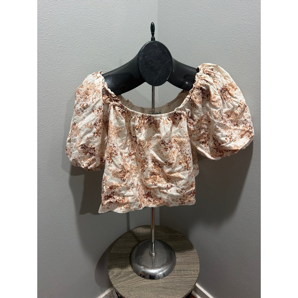 Abercrombie & Fitch Brown Floral Square Neck Puff Sleeve Top Sz Med Boho